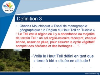 Définition 3
• Charles Mouchicourt « Essai de monographie
    géographique : la Région du Haut Tell en Tunisie »
‘’ Le Tell est la région où il y a abondance ou majorité
de terrain Tell : un sol argilo-calcaire recevant, chaque
année, assez de pluie, pour assurer le cycle végétatif
complet des céréales et des herbages … ’’.


          –Voilà le Haut Tell défini en tant que
           « terre à blé » située en altitude !


                                                 www.tunisiaforall.org
 