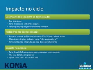 Impacto no ciclo
Desenvolvedores sentem-se desmotivados
 • Bug ping/pong
 • Falta de acesso a ambientes seguros
 • Tempo para preparação do ambiente excessivo

Testadores não são respeitados
 • Preparar testes e ambiente consomem 30%-50% do ciclo de testes
 • Maioria dos defeitos fechados como “não-reproduzíveis””
 • Ferramentas não integradas ao ciclo de desenvolvimento


Impacto no negócio
 • Falta de agilidade para responder ameaças ou oportunidades
 • Alta taxa de falha em projetos
 • Quem sente “dor” é o usuário final
 