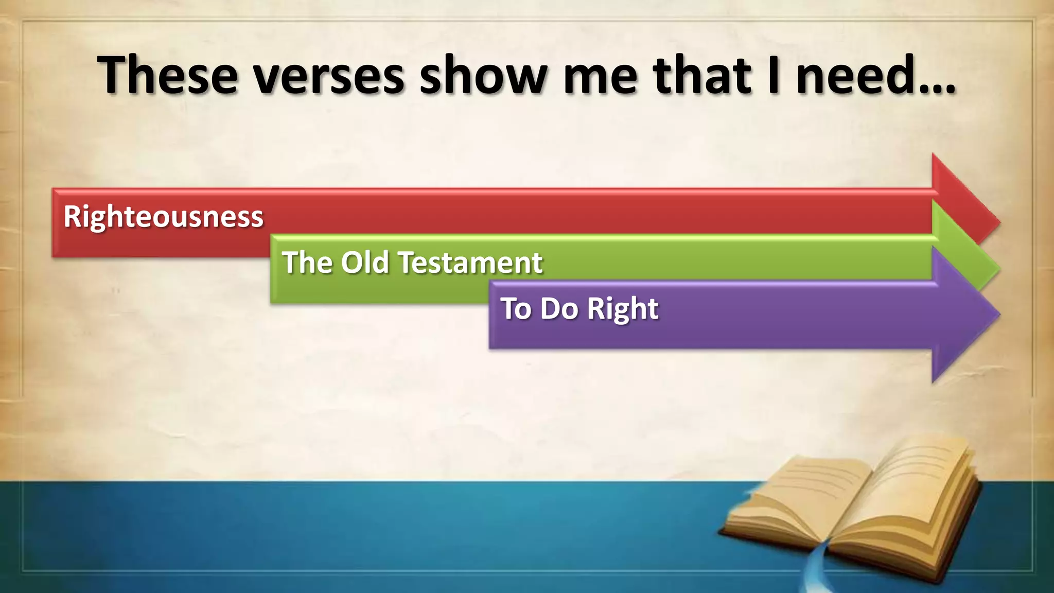 These verses show me that I need…

Righteousness
                The Old Testament
                              To Do Right
 