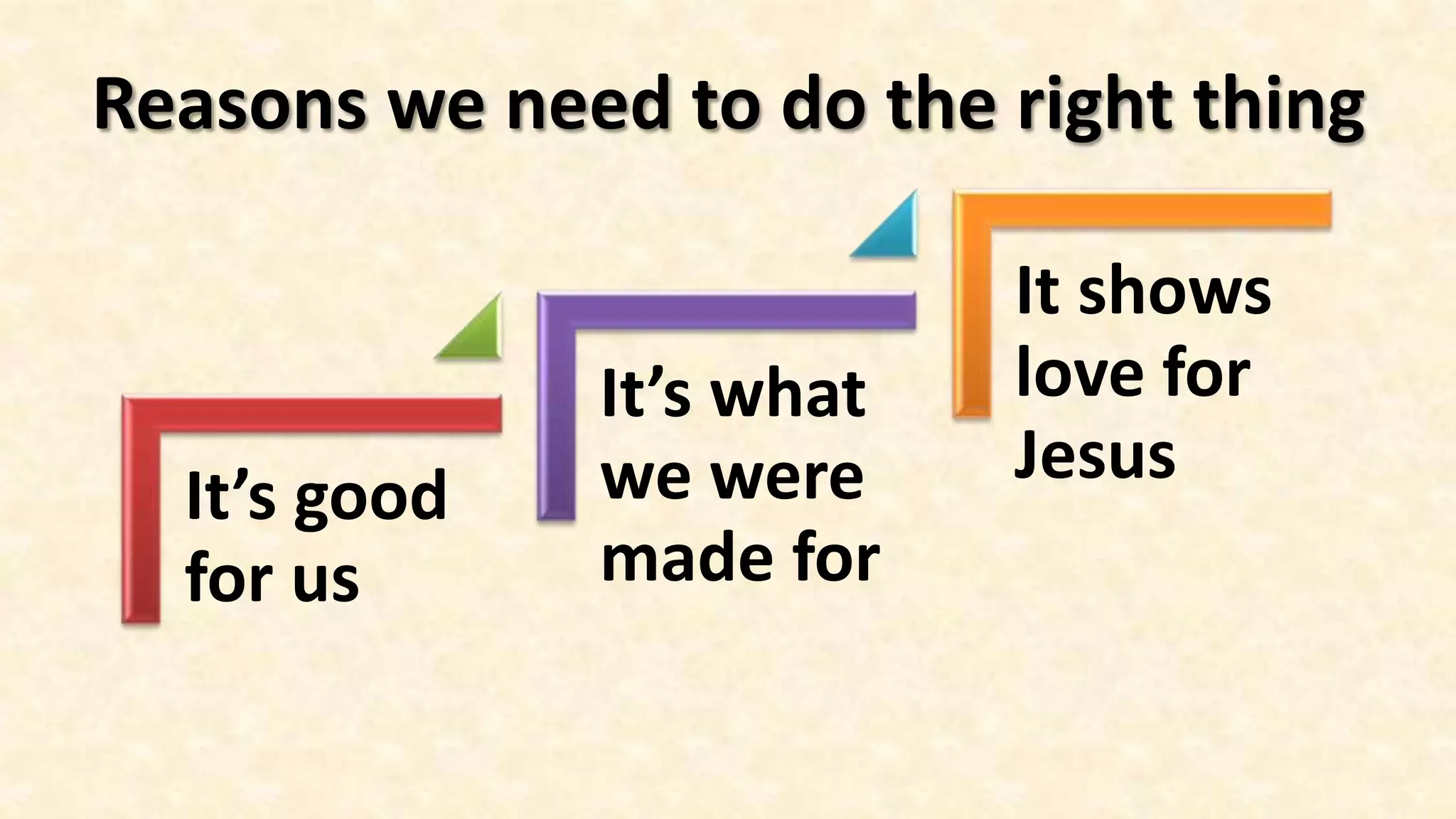 Reasons we need to do the right thing

                          It shows
              It’s what   love for
              we were     Jesus
  It’s good
  for us      made for
 