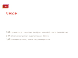 Usage




75% des Wallons de 15 ans et plus ont aujourd’hui accès à Internet à leur domicile
54% d’internautes > primaire ou personnes sans diplôme
14% consultent des sites sur Internet depuis leur téléphone
 
