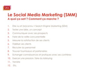 Le Social Media Marketing (SMM)
A quoi ça sert ? Comment ça marche ?

1.    Etre vu et (re)connu > Search Engine Marketing (SEM)
2.    Tester une idée, un concept
3.    Communiquer avec ses prospects
4.    Faire de la veille concurrentielle
5.    Mesurer la satisfaction de ses clients
6.    Fidéliser ses clients
7.    Recruter du personnel
8.    Trouver fournisseurs et partenaires
9.    Echanger connaissances et pratiques avec ses confrères
10. Exercer une pression, faire du lobbying
11. Vendre
12.   Etc.
 