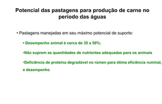 Potencial das pastagens para produção de carne no
                periodo das águas

• Pastagens manejadas em seu máximo potencial de suporte:

   • Desempenho animal é cerca de 35 a 50%;

   •Não suprem as quantidades de nutrientes adequadas para os animais

   •Deficiência de proteína degradável no rúmen para ótima eficiência ruminal,
   e desempenho
 
