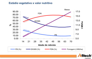Estádio vegetativo x valor nutritivo

                                                           Massa
    90.00                                                                17.0
                                FDN
    80.00
                                                                         15.0
    70.00
    60.00                   DIVMS                                        13.0




                                                                                t MS/ha
    50.00
%




                                                                         11.0
    40.00
    30.00                                                                9.0
    20.00
                                                 PB                      7.0
    10.00
     0.00                                                                5.0
               14   21     28    35   42    49        56   63      70
                                Idade de rebrota
      PB (%)             DIVMS (%)         FDN (%)              Forragem (t MS/ha)
 