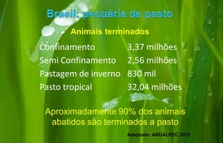 Animais terminados
Confinamento          3,37 milhões
Semi Confinamento     2,56 milhões
Pastagem de inverno   830 mil
Pasto tropical        32,04 milhões

 Aproximadamente 90% dos animais
  abatidos são terminados a pasto
                      Adaptado: ANUALPEC 2012
 