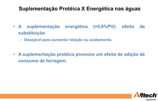 Suplementação Protéica X Energética nas águas


• A suplementação        energética     (>0,6%PV):   efeito   de
  substituição
  – Desejável para aumentar lotação ou acabamento.


• A suplementação protéica promove um efeito de adição de
  consumo de forragem.
 