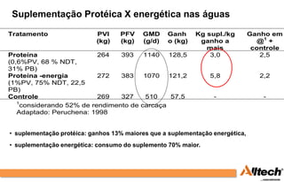Suplementação Protéica X energética nas águas
Tratamento                 PVI     PFV    GMD     Ganh     Kg supl./kg         Ganho em
                           (kg)    (kg)   (g/d)   o (kg)    ganho a               @1 +
                                                              mais              controle
Proteína                  264   393    1140   128,5            3,0                2,5
(0,6%PV, 68 % NDT,
31% PB)
Proteína -energia         272   383    1070   121,2             5,8               2,2
(1%PV, 75% NDT, 22,5
PB)
Controle                  269   327    510    57,5               -                 -
   1
    considerando 52% de rendimento de carcaça
   Adaptado: Peruchena: 1998


• suplementação protéica: ganhos 13% maiores que a suplementação energética,
• suplementação energética: consumo do suplemento 70% maior.
 