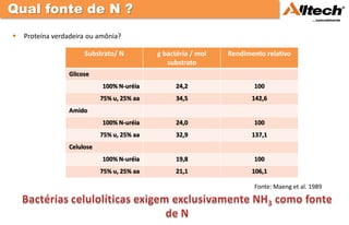 Qual fonte de N ?
   Proteína verdadeira ou amônia?

                      Substrato/ N          g bactéria / mol   Rendimento relativo
                                               substrato
                 Glicose
                            100% N-uréia          24,2                100
                            75% u, 25% aa         34,5                142,6
                 Amido
                            100% N-uréia          24,0                100
                            75% u, 25% aa         32,9                137,1
                 Celulose
                            100% N-uréia          19,8                100
                            75% u, 25% aa         21,1                106,1

                                                                       Fonte: Maeng et al. 1989
 