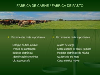 FÁBRICA DE CARNE / FÁBRICA DE PASTO




n   Ferramentas mais importantes:   n   Ferramentas mais importantes:


    Seleção do tipo animal              Ajuste de carga
    Tronco de contenção                 Cerca elétrica c/ contr. Remoto
    Balança eletrônica                  Medidor eletrônico de MS/ha
    Identificação Eletrônica            Quadriciclo ou moto
    Ultrassonografia                    Cerca elétrica móvel
 