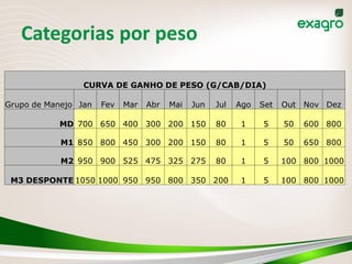 Categorias por peso

                 CURVA DE GANHO DE PESO (G/CAB/DIA)

Grupo de Manejo Jan   Fev   Mar   Abr   Mai   Jun   Jul   Ago   Set   Out Nov Dez

           MD 700 650 400 300 200 150               80     1    5     50   600 800

            M1 850 800 450 300 200 150              80     1    5     50   650 800

            M2 950 900 525 475 325 275              80     1    5     100 800 1000

 M3 DESPONTE 1050 1000 950 950 800 350 200                 1    5     100 800 1000
 