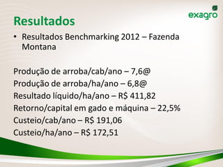 Resultados
• Resultados Benchmarking 2012 – Fazenda
  Montana

Produção de arroba/cab/ano – 7,6@
Produção de arroba/ha/ano – 6,8@
Resultado líquido/ha/ano – R$ 411,82
Retorno/capital em gado e máquina – 22,5%
Custeio/cab/ano – R$ 191,06
Custeio/ha/ano – R$ 172,51
 