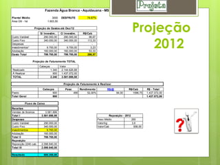 Fazenda Água Branca - Aquidauana - MS

Plantel Médio                     3000    DESFRUTE             74,67%



                                                                                                 Projeção
Área Útil - há                1.603,50

                  Projeção de Gastos até Dez/12
                      S/ Investim..      C/ Investim.       R$/Cab




                                                                                                    2012
Custo Variável           290.000,00         290.000,00          96,67
Custo Fixo               340.000,00         340.000,00         113,33
Despesas                        -                  -              -
Investimentos*             9.700,00           9.700,00           3,23
Adubação                 160.000,00         160.000,00          53,33
Gasto Total              799.700,00         799.700,00         266,57

                 Projeção de Faturamento TOTAL
                      Cabeças            Valor
Realizado                       1.340     2.144.626,88
Á Realizar                        900     1.437.072,00
TOTAL                           2.240     3.581.698,88

                                           Projeção de Faturamento à Realizar
                        Cabeças              Peso         Rendimento           R$/@            R$/Cab       R$ - Total
Pasto                         900                   490        52,00%                 94,00       1596,75   1.437.072,00
Total Geral                   900                                                                           1.437.072,00

            Fluxo de Caixa
Receitas
Vendas de Bovinos         3.581.699
Total I                3.581.698,88                                              Reposição - 2012
Despesas                                                                Peso Médio                260
Custo Variável           290.000,00                                     Valor/kg                  3,6
Custo Fixo               340.000,00                                     Valor/Cab                  936,00
Investimentos              9.700,00
Adubação                 160.000,00
Total II                 799.700,00
Reposição
Reposição 2240 cab.    2.096.640,00
Total III              2.096.640,00

Resultado                685.358,88
 