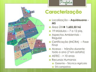 Caracterização
    Localização – Aquidauana -
     MS
    Área Útil 1.603,50 há
    19 Módulos – 7 a 12 piq.
    Aspectos Ambientais -
     Regular
    Certificação (INCRA) – Fase
     Final
    Acesso - trânsito durante
     todo o ano (7 km asfalto)
    ASTEC - > 10 anos
    Recursos Humanos
        Gerente – Técnico Agrícola
        04 campeiros
 