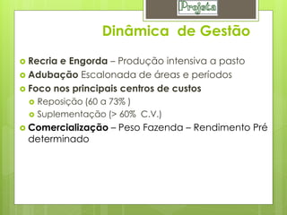Dinâmica de Gestão
 Recriae Engorda – Produção intensiva a pasto
 Adubação Escalonada de áreas e períodos
 Foco nos principais centros de custos
  Reposição (60 a 73% )
  Suplementação (> 60% C.V.)

 Comercialização   – Peso Fazenda – Rendimento Pré
 determinado
 