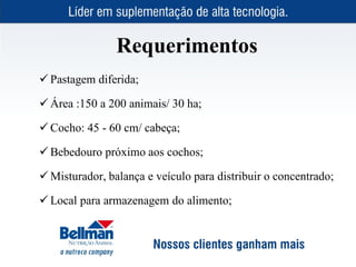 Requerimentos
 Pastagem diferida;

 Área :150 a 200 animais/ 30 ha;

 Cocho: 45 - 60 cm/ cabeça;

 Bebedouro próximo aos cochos;

 Misturador, balança e veículo para distribuir o concentrado;

 Local para armazenagem do alimento;
 