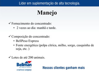 Manejo
 Fornecimento do concentrado:
   • 2 vezes ao dia: manhã e tarde.

 Composição do concentrado:
   • BellPeso Express
   • Fonte energética (polpa cítrica, milho, sorgo, casquinha de
     soja, etc. )

 Lotes de até 200 animais.
 