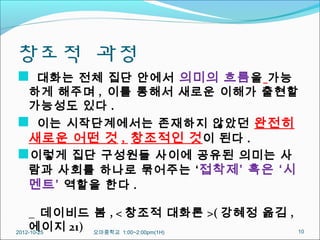 창조적 과정
 대화는 전체 집단 안에서 의미의 흐름 을 가능
 하게 해주며 , 이를 통해서 새로운 이해가 출현할
 가능성도 있다 .
 이는 시작단계에서는 존재하지 않았던 완전히
 새로운 어떤 것 , 창조적인 것 이 된다 .
이렇게 집단 구성원들 사이에 공유된 의미는 사
 람과 사회를 하나로 묶어주는 ‘ 접착제’ 혹은 ‘시
 멘트’ 역할을 한다 .

    _ 데이비드 봄 , < 창조적 대화론 >( 강혜정 옮김 ,
    에이지 21) 오마중학교 1:00~2:00pm(1H)
2012-10-25                             10
 