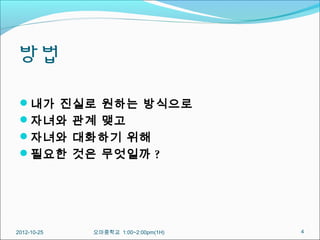 방법

 내가 진실로 원하는 방식으로
 자녀와 관계 맺고
 자녀와 대화하기 위해
 필요한 것은 무엇일까 ?




2012-10-25   오마중학교 1:00~2:00pm(1H)   4
 