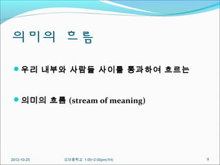 의미의 흐름
 우리 내부와 사람들 사이를 통과하여 흐르는



 의미의 흐름 (stream of meaning)




2012-10-25   오마중학교 1:00~2:00pm(1H)   9
 