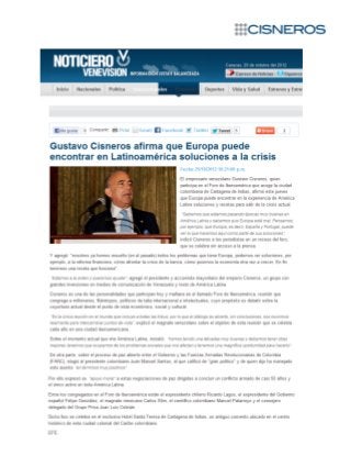 Gustavo Cisneros afirma que Europa puede encontrar en Latinoamérica soluciones a la crisis. Noticiero Venevision.