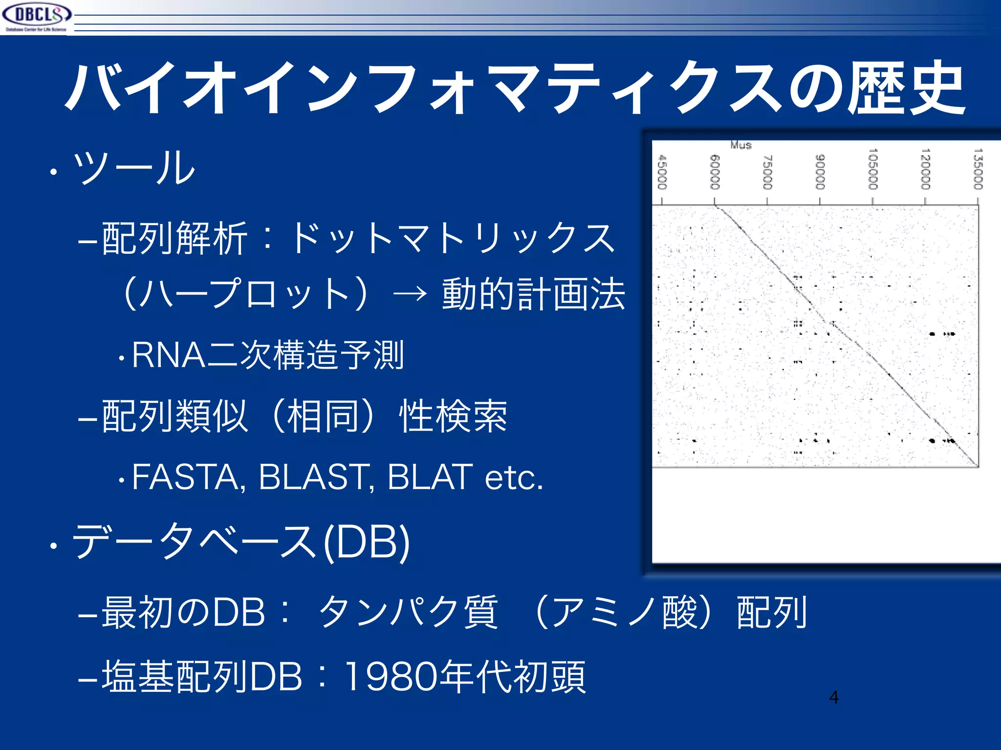 バイオインフォマティクスの歴史
• ツール
 ‒配列解析：ドットマトリックス       
  （ハープロット）→ 動的計画法
  •RNA二次構造予測
 ‒配列類似（相同）性検索
  •FASTA, BLAST, BLAT etc.

• データベース(DB)
 ‒最初のDB： タンパク質 （アミノ酸）配列
 ‒塩基配列DB：1980年代初頭            4
 
