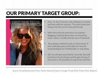 OUR PRIMARY TARGET GROUP:
  FIRST TIME TEENS
                      •  Amy, 15, San Francisco. She still goes to school
     ESTIMATED US MARKET                    and lives with her parents. The most important
       POTENTIAL: 5 MIO.
                   thing in her life are her best girlfriends. 

                                         •  With them she has enormous fun fashion
                                            blogging, chatting about boys and shooting
                                            music videos. Usually all ends up on Facebook.

                                         •     Amy always wanted to play an instrument. If
                                              she could play piano she’d play her favorite
                                              song Apologize by OneRepublic or sing along.

                                         •  She has already searched for tutorials. But self
                                            teaching is frustrating & quickly gets boring. If
                                            she knew it, PS would be on top of her wish list.




  Source: Forsa/Statista, Asia Times, Twitter Advanced Search, Google Trends 2012, Photo: Flickr, Badjonni
 