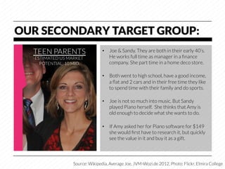 OUR SECONDARY TARGET GROUP:
  TEEN PARENTS
                   •  Joe & Sandy. They are both in their early 40’s.
   ESTIMATED US MARKET               He works full time as manager in a ﬁnance
     POTENTIAL: 10 MIO.
             company. She part time in a home deco store.

                                  •  Both went to high school, have a good income,
                                     a ﬂat and 2 cars and in their free time they like
                                     to spend time with their family and do sports. 

                                  •  Joe is not so much into music. But Sandy
                                     played Piano herself. She thinks that Amy is
                                     old enough to decide what she wants to do. 

                                  •  If Amy asked her for Piano software for $149
                                     she would ﬁrst have to research it, but quickly
                                     see the value in it and buy it as a gift.




                   Source: Wikipedia, Average Joe, JVM-Wozi.de 2012, Photo: Flickr, Elmira College
 