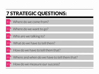 7 STRATEGIC QUESTIONS:
#1
   Where do we come from?

#2
   Where do we want to go?

#3
   Who are we talking to?
#4
   What do we have to tell them?
#5
   How do we have to tell them that?

#6
   Where and when do we have to tell them that?
#7
   How do we measure our success?
 