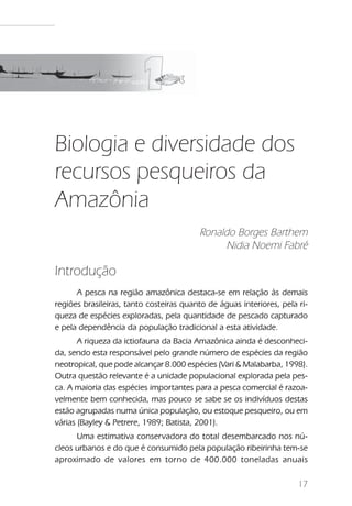 Biologia e diversidade dos recursos pesqueiros da Amazônia




Biologia e diversidade dos
recursos pesqueiros da
Amazônia
                                             Ronaldo Borges Barthem
                                                  Nidia Noemi Fabré

Introdução
      A pesca na região amazônica destaca-se em relação às demais
regiões brasileiras, tanto costeiras quanto de águas interiores, pela ri-
queza de espécies exploradas, pela quantidade de pescado capturado
e pela dependência da população tradicional a esta atividade.
       A riqueza da ictiofauna da Bacia Amazônica ainda é desconheci-
da, sendo esta responsável pelo grande número de espécies da região
neotropical, que pode alcançar 8.000 espécies (Vari & Malabarba, 1998).
Outra questão relevante é a unidade populacional explorada pela pes-
ca. A maioria das espécies importantes para a pesca comercial é razoa-
velmente bem conhecida, mas pouco se sabe se os indivíduos destas
estão agrupadas numa única população, ou estoque pesqueiro, ou em
várias (Bayley & Petrere, 1989; Batista, 2001).
      Uma estimativa conservadora do total desembarcado nos nú-
cleos urbanos e do que é consumido pela população ribeirinha tem-se
aproximado de valores em torno de 400.000 toneladas anuais

                                                                                    17
 