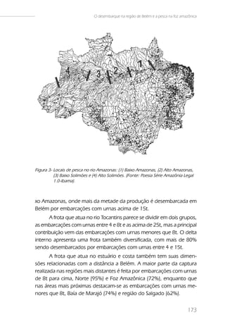 O desembarque na região de Belém e a pesca na foz amazônica




Figura 3- Locais de pesca no rio Amazonas: (1) Baixo Amazonas, (2) Alto Amazonas,
          (3) Baixo Solimões e (4) Alto Solimões. (Fonte: Poesia Série Amazônia Legal
          1.0-Ibama).



xo Amazonas, onde mais da metade da produção é desembarcada em
Belém por embarcações com urnas acima de 15t.
      A frota que atua no rio Tocantins parece se dividir em dois grupos,
as embarcações com urnas entre 4 e 8t e as acima de 25t, mas a principal
contribuição vem das embarcações com urnas menores que 8t. O delta
interno apresenta uma frota também diversificada, com mais de 80%
sendo desembarcados por embarcações com urnas entre 4 e 15t.
       A frota que atua no estuário e costa também tem suas dimen-
sões relacionadas com a distância a Belém. A maior parte da captura
realizada nas regiões mais distantes é feita por embarcações com urnas
de 8t para cima, Norte (95%) e Foz Amazônica (72%), enquanto que
nas áreas mais próximas destacam-se as embarcações com urnas me-
nores que 8t, Baía de Marajó (74%) e região do Salgado (62%).


                                                                                    173
 