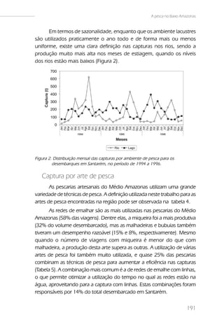 A pesca no Baixo Amazonas


      Em termos de sazonalidade, enquanto que os ambiente lacustres
são utilizados praticamente o ano todo e de forma mais ou menos
uniforme, existe uma clara definição nas capturas nos rios, sendo a
produção muito mais alta nos meses de estiagem, quando os níveis
dos rios estão mais baixos (Figura 2).




Figura 2. Distribuição mensal das capturas por ambiente de pesca para os
         desembarques em Santarém, no período de 1994 a 1996.

   Captura por arte de pesca
       As pescarias artesanais do Médio Amazonas utilizam uma grande
variedade de técnicas de pesca. A definição utilizada neste trabalho para as
artes de pesca encontradas na região pode ser observada na tabela 4.
       As redes de emalhar são as mais utilizadas nas pescarias do Médio
Amazonas (58% das viagens). Dentre elas, a miqueira foi a mais produtiva
(32% do volume desembarcado), mas as malhadeiras e bubuias também
tiveram um desempenho razoável (15% e 8%, respectivamente). Mesmo
quando o número de viagens com miqueira é menor do que com
malhadeira, a produção desta arte supera as outras. A utilização de várias
artes de pesca foi também muito utilizada, e quase 25% das pescarias
combinam as técnicas de pesca para aumentar a eficiência nas capturas
(Tabela 5). A combinação mais comum é a de redes de emalhe com linhas,
o que permite otimizar a utilização do tempo no qual as redes estão na
água, aproveitando para a captura com linhas. Estas combinações foram
responsáveis por 14% do total desembarcado em Santarém.


                                                                                191
 