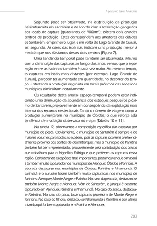 A pesca no Baixo Amazonas


      Segundo pode ser observado, na distribuição da produção
desembarcada em Santarém e de acordo com a localização geográfica
dos locais de captura (quadrantes de 900km2), existem dois grandes
centros de produção. Estes correspondem aos arredores das cidades
de Santarém, em primeiro lugar, e em volta do Lago Grande de Curuai,
em segundo. As cores das isolinhas indicam uma produção menor à
medida que nos afastamos desses dois centros (Figura 7).
      Uma tendência temporal pode também ser observada. Mesmo
com a diminuição das capturas ao longo dos anos, vemos que a sepa-
ração entre as isolinhas também é cada vez maior. Ao mesmo tempo,
as capturas em locais mais distantes (por exemplo, Lago Grande de
Curuai), parecem ter aumentado em quantidade, no decorrer do tem-
po. Entretanto a produção originada em locais próximos das sedes dos
municípios diminuíram notadamente.
      Os resultados desta análise espaço-temporal podem estar indi-
cando uma diminuição da abundância dos estoques pesqueiros próxi-
mo de Santarém, provavelmente em conseqüência da explotação mais
intensa dos recursos nestes locais. Tanto o número de viagens como a
produção aumentaram no munícipio de Óbidos, o que reforça esta
tendência de irradiação observada no mapa (Tabelas 10 e 11).
       Na tabela 12, observamos a composição específica das capturas por
município de pesca. Obviamente, o município de Santarém é sempre o de
maiores volumes para todas as espécies, pois as capturas ocorrem preferenci-
almente próximo dos portos de desembarque, mas o município de Parintins
também foi bem representado, provavelmente pela contribuição dos barcos
que trabalham para o frigorífico Edifrigo e que preferem as capturas nessa
região. Considerando as espécies mais importantes, podemos ver que o mapará
é também muito capturado nos municípios de Alenquer, Óbidos e Parintins. A
dourada destaca-se nos municípios de Óbidos, Parintins e Nhamundá. O
curimatã e o surubim foram também muito capturados nos municípios de
Parintins, Alenquer, Monte Alegre e Prainha. No caso da pescada, destacam-se
também Monte Alegre e Alenquer. Além de Santarém, o jaraqui é bastante
capturado em Alenquer, Parintins e Nhamundá. No caso do aracu, destacou-
se Parintins. No caso do pacu, boas capturas provieram de Monte Alegre e
Parintins. No caso do filhote, destacou-se Nhamundá e Parintins e por último
o tambaqui foi bem capturado em Prainha e Alenquer.


                                                                          203
 