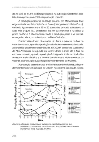 A pesca e os recursos pesqueiros na Amazônia brasileira


do na faixa de 11,5% do total produzido. As sub-regiões restantes con-
tribuíram apenas com 7,6% da produção restante.
      A produção pesqueira ao longo do ano, em Manacapuru, teve
origem similar no Baixo Solimões e Purus (principalmente Baixo Purus),
variando igualmente entre 15 e 20 toneladas de cada subsistema a
cada mês (Figura 16). Entretanto, no fim da enchente e na cheia, a
pesca no Purus é abandonada e toda a produção passa a vir da vizi-
nhança da cidade, no subsistema do Baixo Solimões.
      Em Itacoatiara foram observadas três fases, a primeira no final da
vazante e na seca, quando a produção veio da área no entorno da cidade,
abrangendo usualmente distâncias de até 300km dentro do subsistema
do Alto Amazonas. A segunda fase ocorre desde o início até o final da
enchente em maio, quando a produção foi originada similarmente do Alto
Amazonas e do Madeira, e a terceira fase durante o início e meados da
vazante, quando a produção foi predominantemente do Madeira.
     A produção desembarcada em Parintins também foi efetuada pre-
dominantemente em um raio de 300km no entorno da cidade, sendo




Figura 16. Produção pesqueira por subsistema explotado pela frota que
         desembarcou nos centros de Manacapuru, Itacoatiara e Parintins entre
         setembro de 1996 e agosto de 1997.


236
 