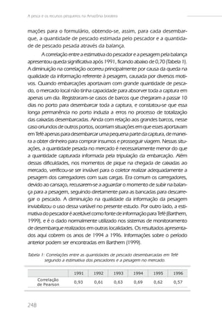 A pesca e os recursos pesqueiros na Amazônia brasileira


mações para o formulário, obtendo-se, assim, para cada desembar-
que, a quantidade de pescado estimada pelo pescador e a quantida-
de de pescado pesada através da balança.
       A correlação entre a estimativa do pescador e a pesagem pela balança
apresentou queda significativa após 1991, ficando abaixo de 0,70 (Tabela 1).
A diminuição na correlação ocorreu principalmente por causa da queda na
qualidade da informação referente à pesagem, causada por diversos moti-
vos. Quando embarcações aportavam com grande quantidade de pesca-
do, o mercado local não tinha capacidade para absorver toda a captura em
apenas um dia. Registraram-se casos de barcos que chegaram a passar 10
dias no porto para desembarcar toda a captura, e constatou-se que essa
longa permanência no porto induzia a erros no processo de totalização
das caixadas desembarcadas. Ainda com relação aos grandes barcos, nesse
caso oriundos de outros portos, ocorriam situações em que esses aportavam
em Tefé apenas para desembarcar uma pequena parte da captura, de manei-
ra a obter dinheiro para comprar insumos e prosseguir viagem. Nessas situ-
ações, a quantidade pesada no mercado é necessariamente menor do que
a quantidade capturada informada pela tripulação da embarcação. Além
dessas dificuldades, nos momentos de pique na chegada de caixadas ao
mercado, verificou-se ser inviável para o coletor realizar adequadamente a
pesagem dos carregadores com suas cargas. Era comum os carregadores,
devido ao cansaço, recusarem-se a aguardar o momento de subir na balan-
ça para a pesagem, seguindo diretamente para as bancadas para descarre-
gar o pescado. A diminuição na qualidade da informação da pesagem
inviabilizou o uso dessa variável no presente estudo. Por outro lado, a esti-
mativa do pescador é aceitável como fonte de informação para Tefé (Barthem,
1999), e é o dado normalmente utilizado nos sistemas de monitoramento
de desembarque realizados em outras localidades. Os resultados apresenta-
dos aqui cobrem os anos de 1994 a 1996. Informações sobre o período
anterior podem ser encontradas em Barthem (1999).

Tabela 1: Correlações entre as quantidades de pescado desembarcadas em Tefé
         segundo a estimativa dos pescadores e a pesagem no mercado.

                            1991        1992        1993   1994   1995   1996
      Corre l ação
                            0,93        0,61        0,63   0,69   0,62   0,57
      de Pe ars on




248
 