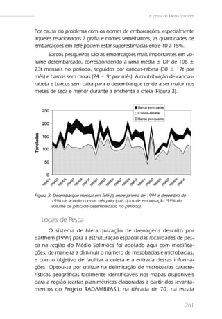 A pesca no Médio Solimões


Por causa do problema com os nomes de embarcações, especialmente
aqueles relacionados à grafia e nomes semelhantes, as quantidades de
embarcações em Tefé podem estar superestimadas entre 10 a 15%.
      Barcos pesqueiros são as embarcações mais importantes em vo-
lume desembarcado, correspondendo a uma média ± DP de 106 ±
23t mensais no período, seguidos por canoas-rabeta (30 ± 17t por
mês) e barcos sem caixas (24 ± 9t por mês). A contribuição de canoas-
rabeta e barcos sem caixa para o desembarque tende a ser maior nos
meses de seca e menor durante a enchente e cheia (Figura 3).




Figura 3. Desembarque mensal em Tefé (t) entre janeiro de 1994 e dezembro de
         1996 de acordo com os três principais tipos de embarcação (99% do
         volume de pescado desembarcado no período).


   Locais de Pesca
       O sistema de hierarquização de drenagens descrito por
Barthem (1999) para a estruturação espacial das localidades de pes-
ca na região do Médio Solimões foi adotado aqui com modifica-
ções, de maneira a diminuir o número de mesobacias e microbacias,
e com o objetivo de facilitar a coleta e a entrada dessas informa-
ções. Optou-se por utilizar na delimitação de microbacias caracte-
rísticas geográficas facilmente identificáveis nos mapas disponíveis
para a região (cartas planimétricas elaboradas a partir dos levanta-
mentos do Projeto RADAMBRA SIL na década de 70, na escala


                                                                             261
 