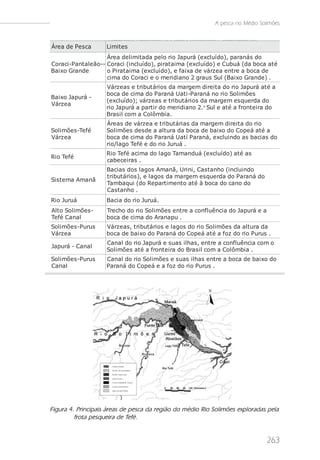 A pesca no Médio Solimões

      p
                      Tambaqui (i ncl uí do) e Copeá (excl uí do), cont endo os
Pirearde Pes ca
Á  t ei a             Li miemas de l agos do At api , Louri ana e Pi t ei ra .
                      s i s t t es
                      Área del i mi t ada pel o ri o Japurá (excl uí do), paranás do
Coraci -Pant al eão-- Coraci (i ncl uí do), pi rat ai ma (excl uí do) e Cubuá (da boca at é
Bai xo Grande         o Pi rat ai ma (excl uí do), e fai xa de várz ea ent re a boca de
                      ci ma do Coraci e o meri di ano 2 graus Sul (Bai xo Grande) .
                      Várz eas e t ri but ári os da margem di rei t a do ri o Japurá at é a
                      boca de ci ma do Paraná Uat i -Paraná no ri o Sol i mões
Bai xo Japurá -
                      (excl uí do); várz eas e t ri but ári os da margem es querda do
Várz ea
                      ri o Japurá a part i r do meri di ano 2.o Sul e at é a front ei ra do
                      Bras i l com a Col ômbi a.
                      Áreas de várz ea e t ri but ári as da margem di rei t a do ri o
Sol i mões -Tefé      Sol i mões des de a al t ura da boca de bai xo do Copeá at é a
Várz ea               boca de ci ma do Paraná Uat í Paraná, excl ui ndo as baci as do
                      ri o/l ago Tefé e do ri o Juruá .
                      Ri o Tefé aci ma do l ago Tamanduá (excl uí do) at é as
Ri o Tefé
                      cabecei ras .
                      Baci as dos l agos Amanã, Uri ni , Cas t anho (i ncl ui ndo
                      t ri but ári os ), e l agos da margem es querda do Paraná do
Si s t ema Amanã
                      Tambaqui (do Repart i ment o at é à boca do cano do
                      Cas t anho .
Ri o Juruá            Baci a do ri o Juruá.
Al t o Sol i mões -   Trecho do ri o Sol i mões ent re a confl uênci a do Japurá e a
Tefé Canal            boca de ci ma do Aranapu .
Sol i mões -Purus     Várz eas , t ri but ári os e l agos do ri o Sol i mões da al t ura da
Várz ea               boca de bai xo do Paraná do Copeá at é a foz do ri o Purus .
                      Canal do ri o Japurá e s uas i l has , ent re a confl uênci a com o
Japurá - Canal
                      Sol i mões at é a front ei ra do Bras i l com a Col ômbi a .
Sol i mões -Purus     Canal do ri o Sol i mões e s uas i l has ent re a boca de bai xo do
Canal                 Paraná do Copeá e a foz do ri o Purus .




Figura 4. Principais áreas de pesca da região do médio Rio Solimões exploradas pela
         frota pesqueira de Tefé.


                                                                                         263
 