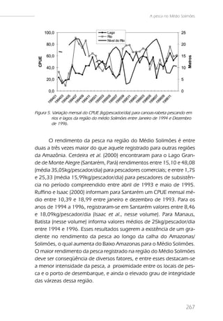 A pesca no Médio Solimões




Figura 5. Variação mensal do CPUE (kg/pescador/dia) para canoas-rabeta pescando em
          rios e lagos da região do médio Solimões entre Janeiro de 1994 e Dezembro
          de 1996.


      O rendimento da pesca na região do Médio Solimões é entre
duas a três vezes maior do que aquele registrado para outras regiões
da Amazônia. Cerdeira et al. (2000) encontraram para o Lago Gran-
de de Monte Alegre (Santarém, Pará) rendimentos entre 15,10 e 48,08
(média 35,05kg/pescador/dia) para pescadores comerciais; e entre 1,75
e 25,33 (média 15,99kg/pescador/dia) para pescadores de subsistên-
cia no período compreendido entre abril de 1993 e maio de 1995.
Ruffino e Isaac (2000) informam para Santarém um CPUE mensal mé-
dio entre 10,39 e 18,99 entre janeiro e dezembro de 1993. Para os
anos de 1994 a 1996, registraram-se em Santarém valores entre 8,46
e 18,09kg/pescador/dia (Isaac et al., nesse volume). Para Manaus,
Batista (nesse volume) informa valores médios de 25kg/pescador/dia
entre 1994 e 1996. Esses resultados sugerem a existência de um gra-
diente no rendimento da pesca ao longo da calha do Amazonas/
Solimões, o qual aumenta do Baixo Amazonas para o Médio Solimões.
O maior rendimento da pesca registrado na região do Médio Solimões
deve ser conseqüência de diversos fatores, e entre esses destacam-se
a menor intensidade da pesca, a proximidade entre os locais de pes-
ca e o porto de desembarque, e ainda o elevado grau de integridade
das várzeas dessa região.



                                                                                267
 