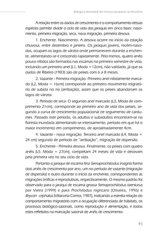 Biologia e diversidade dos recursos pesqueiros da Amazônia


      A relação entre os dados de crescimento e o comportamento dessas
espécies permite dividir o ciclo de vida dos jaraquis em cinco fases: nasci-
mento, primeira migração, seca, nova migração, primeira desova.
       1. Enchente. Nascimento. A desova ocorre no início da estação
chuvosa, entre dezembro e janeiro. Os jaraquis jovens, recém-nasci-
dos, ocupam os lagos de várzea onde permanecem durante a enchen-
te, alimentando-se e crescendo rapidamente. Pelo menos, quatro anéis
pouco nítidos são formados nas escamas no primeiro semestre de vida,
incluindo um primeiro anel (L1, Moda =12cm), não validado, já que os
dados de Ribeiro (1983) são de peixes com 6 a 8 meses.
      2. Vazante - Primeira migração: Primeiro anel nitidamente marca-
do (L2, Moda = 16cm) corresponde ao primeiro movimento migrató-
rio de subida no rio (arribação), assim que os peixes abandonam os
lagos de várzea.
       3. Período de seca. O segundo anel marcado (L3, Moda de com-
primento 21cm), corresponde ao primeiro ano de vida dos peixes, se-
gundo a curva de crescimento populacional de seguimento de cardu-
mes. Passado este período, os adultos e subadultos encontram-se na
floresta inundada alimentando-se intensamente, período em que há o
maior incremento em comprimento, de aproximadamente 4cm.
     4. Vazante - nova migração. Terceiro anel marcado (L4, Moda =
24 cm) segundo de período de “arribação”, migração de dispersão.
      5. Enchente - Primeira desova. Finalmente, os peixes com quatro
anéis (L5. Moda = 27cm), completam 24 meses de vida e desovam
pela primeira vez no seu ciclo de vida.
       Portanto o jaraqui de escama fina Semaprochilodus insignis forma
dois anéis de crescimento por ano, um no período de vazante (migração
de dispersão) e outro durante o início da enchente, correspondentes às
migrações tróficas e reprodutivas, respectivamente. O mesmo padrão foi
observado para o jaraqui de escama grossa Semaprochilodus taeniurus
por Vieira (1999) e para Prochilodus nigricans (Oliveira, 1996) e
Brycon cephalus (Villacorta Correa, 1987), indicando a estreita relação do
comportamento migratório com a ocupação diferenciada de hábitats, os
processos biológico-sazonais, como reprodução e alimentação, e todos
estes refletidos na marcação sazonal de anéis de crescimento.


                                                                                     45
 