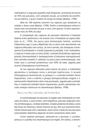 Exploração e manejo dos recursos pesqueiros da Amazônia


malhadeira é o segundo aparelho mais freqüente, ocorrendo em torno
de 45% das pescarias, com variações anuais, ao contrário da ocorrên-
cia da redinha, a qual é estável ao longo do tempo (Batista, 1998).
      Mais de 100 espécies ocorrem nas capturas que abastecem as
cidades e áreas rurais (Batista, 1998). Porém o desembarque urbano é
muito mais concentrado do que o rural, com apenas 10 itens represen-
tando mais de 90% do total.
       A composição das capturas do pescador ribeirinho é bastante
distinta entre apetrechos e de acordo com a finalidade da captura (Ba-
tista et al ., 1998). Na pesca para alimentação familiar, sardinha
(Triportheus spp.) e pacu (Myleinae) são os itens mais abundantes nas
capturas efetuadas com caniço. Já com a tarrafa, são destaques a bran-
quinha (Curimatidae) e o bodó (Liposarcus pardalis). Com malhadeira,
a captura é maior para os itens bodó, curimatã (Prochilodus nigricans),
piranha (Serrasalmidae) e tambaqui/ruelo (Colossoma macropomum).
Este utensílio também é utilizado na pesca para comercialização, mas
neste caso a curimatã predominou com 40% do total, seguida pela
aruanã (Osteoglossum bicirrhosum).
      Já nas capturas efetuadas pelos barcos de pesca, a malhadeira
apresentou o tambaqui como a principal espécie-alvo. A aruanã
(Osteoglossum bicirrhosum), os jaraquis e a curimatã também foram
importantes. Com a redinha o jaraqui (Semaprochilodus insignis e S.
taeniurus) foi nitidamente o item mais produzido, seguido pela curimatã.
Pacu e matrinchã também foram importantes, porém apresentam ele-
vada variação interanual no desembarque (Batista, 1998).

   Pesca no Alto Solimões até Fonte Boa
      A comercialização do pescado na região está centralizada no mer-
cado de Letícia, o qual recebe, com freqüência, pescado originado mes-
mo de Manacapuru, no Baixo Solimões. Cidades próximas de Letícia, como
São Paulo de Olivença e Santo Antonio do Içá, têm sua economia forte-
mente relacionada com a atividade, assim como o fluxo de recursos para
comunidades ribeirinhas depende do bom andamento deste setor.
      Como espécies principais, destacam-se a dourada, o surubim,
pirarucu e a piraíba nos desembarques da região. Em Letícia, o desem-


                                                                                 89
 