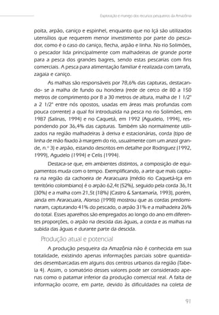 Exploração e manejo dos recursos pesqueiros da Amazônia


poita, arpão, caniço e espinhel, enquanto que no Içá são utilizados
utensílios que requerem menor investimento por parte do pesca-
dor, como é o caso do caniço, flecha, arpão e linha. No rio Solimões,
o pescador lida principalmente com malhadeiras de grande porte
para a pesca dos grandes bagres, sendo estas pescarias com fins
comerciais. A pesca para alimentação familiar é realizada com tarrafa,
zagaia e caniço.
      As malhas são responsáveis por 78,6% das capturas, destacan-
do- se a malha de fundo ou hondera (rede de cerco de 80 a 150
metros de comprimento por 8 a 30 metros de altura, malha de 1 1/2"
a 2 1/2" entre nós opostos, usadas em áreas mais profundas com
pouca corrente) a qual foi introduzida na pesca no rio Solimões, em
1987 (Salinas, 1994) e no Caquetá, em 1992 (Agudelo, 1994), res-
pondendo por 36,4% das capturas. Também são normalmente utili-
zados na região malhadeiras à deriva e estacionárias, corda (tipo de
linha de mão fixado à margem do rio, usualmente com um anzol gran-
de, n.o 3) e arpão, estando descritos em detalhe por Rodriguez (1992,
1999), Agudelo (1994) e Celis (1994).
       Destaca-se que, em ambientes distintos, a composição de equi-
pamentos muda com o tempo. Exemplificando, a arte que mais captu-
ra na região da cachoeira de Araracuara (médio rio Caquetá-Iça em
território colombiano) é o arpão 62,4t (52%), seguido pela corda 36,1t
(30%) e a malha com 21,5t (18%) (Castro & Santamaría, 1993), porém,
ainda em Araracuara, Alonso (1998) mostrou que as cordas predomi-
naram, capturando 41% do pescado, o arpão 31% e a malhadeira 26%
do total. Esses aparelhos são empregados ao longo do ano em diferen-
tes proporções, o arpão na descida das águas, a corda e as malhas na
subida das águas e durante parte da descida.
   Produção atual e potencial
       A produção pesqueira da Amazônia não é conhecida em sua
totalidade, existindo apenas informações parciais sobre quantida-
des desembarcadas em alguns dos centros urbanos da região (Tabe-
la 4). Assim, o somatório desses valores pode ser considerado ape-
nas como o patamar inferior da produção comercial real. A falta de
informação ocorre, em parte, devido às dificuldades na coleta de


                                                                                91
 