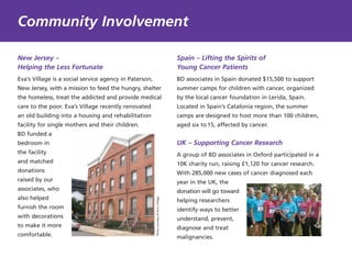 New Jersey –
Helping the Less Fortunate
Eva’s Village is a social service agency in Paterson,
New Jersey, with a mission to feed the hungry, shelter
the homeless, treat the addicted and provide medical
care to the poor. Eva’s Village recently renovated
an old building into a housing and rehabilitation
facility for single mothers and their children.
BD funded a
bedroom in
the facility
and matched
donations
raised by our
associates, who
also helped
furnish the room
with decorations
to make it more
comfortable.
Spain – Lifting the Spirits of
Young Cancer Patients
BD associates in Spain donated $15,500 to support
summer camps for children with cancer, organized
by the local cancer foundation in Lerida, Spain.
Located in Spain’s Catalonia region, the summer
camps are designed to host more than 100 children,
aged six to15, affected by cancer.
UK – Supporting Cancer Research
A group of BD associates in Oxford participated in a
10K charity run, raising £1,120 for cancer research.
With 285,000 new cases of cancer diagnosed each
year in the UK, the
donation will go toward
helping researchers
identify ways to better
understand, prevent,
diagnose and treat
malignancies.
Community Involvement
PhotocourtesyofEva'sVillage
 