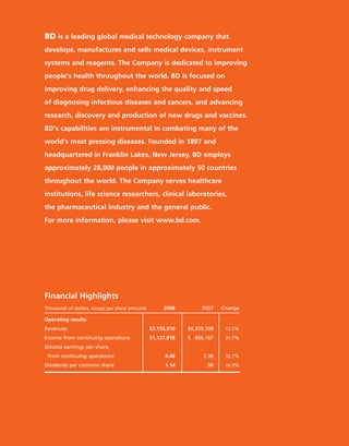 Financial Highlights
Thousands of dollars, except per share amounts 2008 2007 Change
Operating results
Revenues $7,155,910 $6,359,708 12.5%
Income from continuing operations $1,127,918 $0,856,167 31.7%
Diluted earnings per share,
from continuing operations 4.46 3.36 32.7%
Dividends per common share 1.14 .98 16.3%
BD is a leading global medical technology company that
develops, manufactures and sells medical devices, instrument
systems and reagents. The Company is dedicated to improving
people's health throughout the world. BD is focused on
improving drug delivery, enhancing the quality and speed
of diagnosing infectious diseases and cancers, and advancing
research, discovery and production of new drugs and vaccines.
BD's capabilities are instrumental in combating many of the
world's most pressing diseases. Founded in 1897 and
headquartered in Franklin Lakes, New Jersey, BD employs
approximately 28,000 people in approximately 50 countries
throughout the world. The Company serves healthcare
institutions, life science researchers, clinical laboratories,
the pharmaceutical industry and the general public.
For more information, please visit www.bd.com.
 