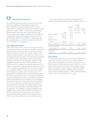 Notes to Consolidated Financial Statements Becton, Dickinson and Company
58
13 Share-Based Compensation
The Company grants share-based awards under the 2004
Employee and Director Equity-Based Compensation
Plan (“2004 Plan”), which provides long-term incentive
compensation to employees and directors consisting of: stock
appreciation rights (“SARs”), stock options, performance-
based restricted stock units, time-vested restricted stock
units and other stock awards. In 2008, 2007 and 2006, the
compensation expense for these plans charged to income
was $100,585, $107,706 and $108,613, respectively, and
the associated income tax benefit recognized was $36,236,
$37,179 and $35,155, respectively.
Stock Appreciation Rights
SARs represent the right to receive, upon exercise, shares of
common stock having a value equal to the difference between
the market price of common stock on the date of exercise
and the exercise price on the date of grant. SARs vest over
a four-year period and have a ten-year term, similar to the
previously granted stock options. The fair value was estimated
on the date of grant using a lattice-based binomial option
valuation model that uses the following weighted-average
assumptions in 2008 and 2007: risk-free interest rate of
3.83% and 4.56%, respectively; expected volatility of 27%
and 28%, respectively; expected dividend yield of 1.35% and
1.37%, respectively, and expected life of 6.5 years for both
years. Expected volatility is based upon historical volatility
for the Company’s common stock and other factors. The
expected term of SARs granted is derived from the output of
the model, using assumed exercise rates based on historical
exercise and termination patterns, and represents the period
of time that SARs granted are expected to be outstanding.
The risk-free interest rate used is based upon the published
U.S. Treasury yield curve in effect at the time of grant for
instruments with a similar life. The dividend yield is based
upon the most recently declared quarterly dividend as of
the grant date. The weighted average grant date fair value
of SARs granted during 2008 and 2007 was $24.92 and
$22.66, respectively. The total intrinsic value of SARs
exercised during 2008 was $2,122. The Company issued
17,873 shares during 2008 to satisfy the SARs exercised.
A summary of SARs outstanding as of September 30,
2008, and changes during the year then ended is as follows:
Weighted
Weighted Average
Average Remaining Aggregate
Exercise Contractual Intrinsic
SARs Price Term (Years) Value
Balance at October 1 3,164,729 $65.26
Granted 1,445,508 84.33
Exercised (88,681) 62.33
Forfeited, canceled
or expired (178,380) 71.11
Balance at September 30 4,343,176 $71.43 8.12 $44,048
Vested and expected to
vest at September 30 4,026,657 $71.20 8.10 $41,613
Exercisable at
September 30 1,177,988 $63.57 7.49 $19,702
Stock options
All stock option grants are for a ten-year term. Stock options
issued after November 2001 vest over a four-year period.
Stock options issued prior to November 2001 vested over a
three-year period. Stock options granted in 2005 were valued
based on the grant date fair value of those awards, using a
lattice-based binomial option valuation model that used the
following weighted-average assumptions: risk-free interest
rate of 3.93%; expected volatility of 29%; expected dividend
yield of 1.28% and expected life of 6.5 years.
 