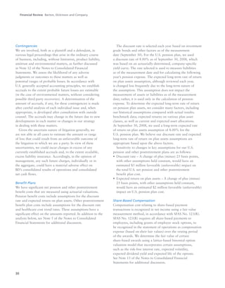 30
Contingencies
We are involved, both as a plaintiff and a defendant, in
various legal proceedings that arise in the ordinary course
of business, including, without limitation, product liability,
antitrust and environmental matters, as further discussed
in Note 12 of the Notes to Consolidated Financial
Statements. We assess the likelihood of any adverse
judgments or outcomes to these matters as well as
potential ranges of probable losses. In accordance with
U.S. generally accepted accounting principles, we establish
accruals to the extent probable future losses are estimable
(in the case of environmental matters, without considering
possible third-party recoveries). A determination of the
amount of accruals, if any, for these contingencies is made
after careful analysis of each individual issue and, when
appropriate, is developed after consultation with outside
counsel. The accruals may change in the future due to new
developments in each matter or changes in our strategy
in dealing with these matters.
Given the uncertain nature of litigation generally, we
are not able in all cases to estimate the amount or range
of loss that could result from an unfavorable outcome of
the litigation to which we are a party. In view of these
uncertainties, we could incur charges in excess of any
currently established accruals and, to the extent available,
excess liability insurance. Accordingly, in the opinion of
management, any such future charges, individually or in
the aggregate, could have a material adverse effect on
BD’s consolidated results of operations and consolidated
net cash flows.
Benefit Plans
We have significant net pension and other postretirement
benefit costs that are measured using actuarial valuations.
Pension benefit costs include assumptions for the discount
rate and expected return on plan assets. Other postretirement
benefit plan costs include assumptions for the discount rate
and healthcare cost trend rates. These assumptions have a
significant effect on the amounts reported. In addition to the
analysis below, see Note 5 of the Notes to Consolidated
Financial Statements for additional discussion.
The discount rate is selected each year based on investment
grade bonds and other factors as of the measurement
date (September 30). For the U.S. pension plan, we used
a discount rate of 8.00% as of September 30, 2008, which
was based on an actuarially-determined, company-specific
yield curve. The rate selected is used to measure liabilities
as of the measurement date and for calculating the following
year’s pension expense. The expected long-term rate of return
on plan assets assumption, although reviewed each year,
is changed less frequently due to the long-term nature of
the assumption. This assumption does not impact the
measurement of assets or liabilities as of the measurement
date; rather, it is used only in the calculation of pension
expense. To determine the expected long-term rate of return
on pension plan assets, we consider many factors, including
our historical assumptions compared with actual results;
benchmark data; expected returns on various plan asset
classes, as well as current and expected asset allocations.
At September 30, 2008, we used a long-term expected rate
of return on plan assets assumption of 8.00% for the
U.S. pension plan. We believe our discount rate and expected
long-term rate of return on plan assets assumptions are
appropriate based upon the above factors.
Sensitivity to changes in key assumptions for our U.S.
pension and other postretirement plans are as follows:
• Discount rate – A change of plus (minus) 25 basis points,
with other assumptions held constant, would have an
estimated $5 million favorable (unfavorable) impact on
the total U.S. net pension and other postretirement
benefit plan cost.
• Expected return on plan assets – A change of plus (minus)
25 basis points, with other assumptions held constant,
would have an estimated $2 million favorable (unfavorable)
impact on U.S. pension plan cost.
Share-Based Compensation
Compensation cost relating to share-based payment
transactions is recognized in net income using a fair value
measurement method, in accordance with SFAS No. 123(R).
SFAS No. 123(R) requires all share-based payments to
employees, including grants of employee stock options, to
be recognized in the statement of operations as compensation
expense (based on their fair values) over the vesting period
of the awards. We determine the fair value of certain
share-based awards using a lattice-based binomial option
valuation model that incorporates certain assumptions,
such as the risk-free interest rate, expected volatility,
expected dividend yield and expected life of the options.
See Note 13 of the Notes to Consolidated Financial
Statements for additional discussion.
Financial Review Becton, Dickinson and Company
 
