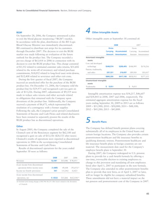 Notes to Consolidated Financial Statements Becton, Dickinson and Company
45
BGM
On September 28, 2006, the Company announced a plan
to exit the blood glucose monitoring (“BGM”) market.
In accordance with the plan, distribution of the BD Logic
Blood Glucose Monitor was immediately discontinued.
BD continued to distribute test strips for its customers
through December 2007. The decision to exit the BGM
market was made following an evaluation of the future
outlook for the product line. The Company recorded a
pre-tax charge of $63,414 in 2006 in connection with its
decision to exit the BGM product line. This charge consisted
of $5,352 related to estimated customer sales returns, $31,602
related to the write-off of inventory and related purchase
commitments, $14,052 related to long-lived asset write-downs,
and $12,408 related to severance and other exit costs.
During the first quarter of fiscal 2007, the Company
received an unsolicited offer for the purchase of the BGM
product line. On December 11, 2006, the Company sold the
product line for $19,971 and recognized a pre-tax gain on
sale of $15,226. During 2007, adjustments of $9,319 were
made to reduce sales returns and other accruals related
to obligations that remained with the Company upon
divestiture of the product line. Additionally, the Company
received a payment of $4,675, which represented the
resolution of a contingency with a former supplier.
Following the sale, the Company’s prior period Consolidated
Statements of Income and Cash Flows and related disclosures
have been restated to separately present the results of the
BGM product line as discontinued operations.
Other
In August 2005, the Company completed the sale of the
Clontech unit of the Biosciences segment for $62,100 and
recognized a gain on sale of $13,336 ($28,533 after taxes).
Clontech’s results of operations were reported as discontinued
operations in 2006 in the accompanying Consolidated
Statements of Income and Cash Flows.
Results of discontinued operations for the years ended
September 30 were as follows:
2008 2007 2006
Revenues $2,587 $33,086 $(96,811
(Loss) income from discontinued
operations before income taxes (1,489) 49,108 (95,653)(A)
Income tax benefit (provision) 567 (15,242) 32,823
(Loss) income from discontinued
operations, net $0(922) $33,866 $(62,830)(A)
(A) Includes post-closing charges of $4,708 ($3,311 after taxes) related to the divestiture
of Clontech.
4 Other Intangible Assets
Other intangible assets at September 30 consisted of:
2008 2007
Gross Gross
Carrying Accumulated Carrying Accumulated
Amount Amortization Amount Amortization
Amortized intangible
assets
Core and developed
technology $548,974 $200,443 $548,995 $174,216
Patents, trademarks,
and other 297,321 216,697 289,920 203,037
$846,295 $417,140 $838,915 $377,253
Unamortized intangible
assets
Trademarks $009,051 $009,055
Intangible amortization expense was $54,217, $46,607
and $34,843 in 2008, 2007 and 2006, respectively. The
estimated aggregate amortization expense for the fiscal
years ending September 30, 2009 to 2013 are as follows:
2009 – $51,900; 2010 – $50,000; 2011 – $48,100;
2012 – $45,200; 2013 – $43,800.
5 Benefit Plans
The Company has defined benefit pension plans covering
substantially all of its employees in the United States and
certain foreign locations. The Company also provides certain
postretirement healthcare and life insurance benefits to
qualifying domestic retirees. Postretirement healthcare and
life insurance benefit plans in foreign countries are not
material. The measurement date used for the Company’s
employee benefit plans is September 30.
During 2007, the Company redesigned its U.S. pension
plans to provide for a cash benefit formula by offering a
one-time, irrevocable election to existing employees to
change to this provision and mandating all new employees
hired after April 1, 2007 to participate in the new formula.
The Company also amended its other postretirement benefits
plan to provide that new hires, as of April 1, 2007 or later,
will no longer be eligible for company subsidized benefits.
These amendments did not have a material impact on the
net pension and postretirement cost of the Company in 2007.
 