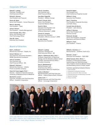 Board of Directors
Corporate Officers
Left to right: Marshall O. Larsen; Edward F. DeGraan; Adel A.F. Mahmoud, M.D., Ph.D.; John R. Considine (seated); Claire M. Fraser-Liggett,
Ph.D.; Basil L. Anderson; Gary A. Mecklenburg; Edward J. Ludwig; Henry P. Becton, Jr.; Alfred Sommer, M.D., M.H.S.; Willard J. Overlock, Jr.
(seated); Bertram L. Scott; Cathy E. Minehan; and James F. Orr.
Edward J. Ludwig
Chairman, President and
Chief Executive Officer
Richard K. Berman
Vice President and Treasurer
Donna M. Boles
Senior Vice President – Human Resources
Mark H. Borofsky
Vice President – Taxes
James R. Brown
Vice President – Quality Management
Scott P. Bruder, M.D., Ph.D.
Senior Vice President and
Chief Technology Officer
Gary M. Cohen
Executive Vice President
John R. Considine
Vice Chairman and
Chief Financial Officer
Jean-Marc Dageville
President – Western Europe
David T. Durack, M.D.
Senior Vice President –
Corporate Medical Affairs
David V. Elkins
Executive Vice President and
Chief Financial Officer
(effective December 1, 2008)
Vincent A. Forlenza
Executive Vice President
(President, effective January 1, 2009)
A. John Hanson
Executive Vice President
David W. Highet
Vice President and
Chief Intellectual Property Counsel
William A. Kozy
Executive Vice President
Dean J. Paranicas
Vice President, Corporate Secretary
and Public Policy
Carmelo Sanz de Barros
President – Latin America
Jeffrey S. Sherman
Senior Vice President and
General Counsel
Patricia B. Shrader
Senior Vice President, Corporate
Regulatory and External Affairs
William A. Tozzi
Vice President – Finance
Basil L. Anderson1,4
Retired Vice Chairman – Staples, Inc.
Henry P. Becton, Jr.2,4,5
Vice Chairman and former President –
WGBH Educational Foundation
John R. Considine
Vice Chairman and
Chief Financial Officer – BD
Edward F. DeGraan2,4,5
Retired Vice Chairman – Gillette
Procter & Gamble Company
Claire M. Fraser-Liggett, Ph.D.3,6
Director – Institute of Genome Sciences,
University of Maryland School of Medicine
Marshall O. Larsen1,2
Chairman, President and Chief Executive
Officer – Goodrich Corporation
Edward J. Ludwig5
Chairman, President and
Chief Executive Officer – BD
Adel A. F. Mahmoud, M.D., Ph.D.3,6
Professor, Department of Molecular
Biology and the Woodrow Wilson School
of Public and International Affairs –
Princeton University
Gary A. Mecklenburg1,3,4
Retired President and
Chief Executive Officer –
Northwestern Memorial HealthCare
Cathy E. Minehan1,3
Retired President and Chief Executive
Officer – Federal Reserve Bank of Boston
James F. Orr1,2,5,6
Retired Chairman and Chief Executive
Officer – Convergys Corporation
Willard J. Overlock, Jr.2,5,6
Retired Partner – Goldman, Sachs & Co.
Bertram L. Scott1,3,4
Executive Vice President – TIAA-CREF
Alfred Sommer, M.D., M.H.S.3,5,6
Professor of International Health,
Epidemiology and Ophthalmology –
Johns Hopkins University Medical School
and Bloomberg School of Public Health
Committees appointed by the Board of Directors
1- Audit Committee
2- Compensation and Benefits Committee
3- Corporate and Scientific Affairs Committee
4- Corporate Governance and Nominating Committee
5- Executive Committee
6- Finance Committee
 