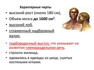 • подбородочный выступ, что указывает на
развитую членораздельную речь.
• строили жилища,
• одевались в одежды из шкур, сшитых
костяными иглами.
Характерные черты
• высокий рост (около 180 см),
• Объем мозга до 1600 см3.
• высокий лоб,
• сглаженный надбровный
валик,
 