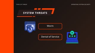 Worm
Denial of Service
SYSTEM THREATS
OPERATING SYSTEM SECURITY
TYPES OF THREAT
 