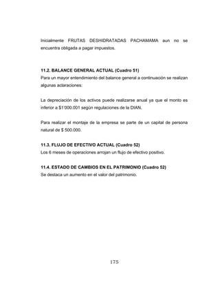 175
Inicialmente FRUTAS DESHIDRATADAS PACHAMAMA aun no se
encuentra obligada a pagar impuestos.
11.2. BALANCE GENERAL ACTUAL (Cuadro 51)
Para un mayor entendimiento del balance general a continuación se realizan
algunas aclaraciones:
La depreciación de los activos puede realizarse anual ya que el monto es
inferior a $1’000.001 según regulaciones de la DIAN.
Para realizar el montaje de la empresa se parte de un capital de persona
natural de $ 500.000.
11.3. FLUJO DE EFECTIVO ACTUAL (Cuadro 52)
Los 6 meses de operaciones arrojan un flujo de efectivo positivo.
11.4. ESTADO DE CAMBIOS EN EL PATRIMONIO (Cuadro 52)
Se destaca un aumento en el valor del patrimonio.
 