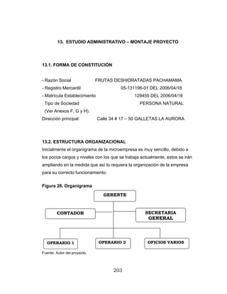203
13. ESTUDIO ADMINISTRATIVO – MONTAJE PROYECTO
13.1. FORMA DE CONSTITUCIÓN
- Razón Social FRUTAS DESHIDRATADAS PACHAMAMA
- Registro Mercantil 05-131196-01 DEL 2006/04/18
- Matrícula Establecimiento 129455 DEL 2006/04/18
Tipo de Sociedad PERSONA NATURAL
(Ver Anexos F, G y H).
Dirección principal: Calle 34 # 17 – 50 GALLETAS LA AURORA
13.2. ESTRUCTURA ORGANIZACIONAL
Inicialmente el organigrama de la microempresa es muy sencillo, debido a
los pocos cargos y niveles con los que se trabaja actualmente, estos se irán
ampliando en la medida que así lo requiera la organización de la empresa
para su correcto funcionamiento.
Figura 28. Organigrama
Fuente: Autor del proyecto.
SECRETARIA
GENERAL
OPERARIO 1 OPERARIO 2 OFICIOS VARIOS
GERENTE
CONTADOR
 